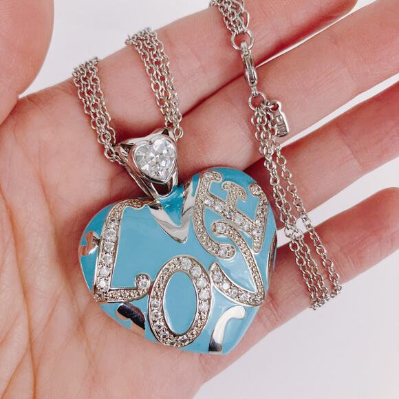 PJM Blue Enamel Heart Love Pendant Necklace CZ/Crystal Rhinestones Reversible - Picture 6 of 13